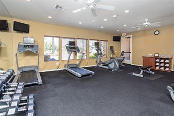 A gym with treadmills, elliptical machines, and dumbbells.
